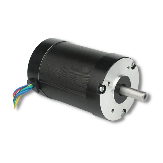 MOT-BL-57S4R-36V_640px Brushless electric motor with wires on white background.