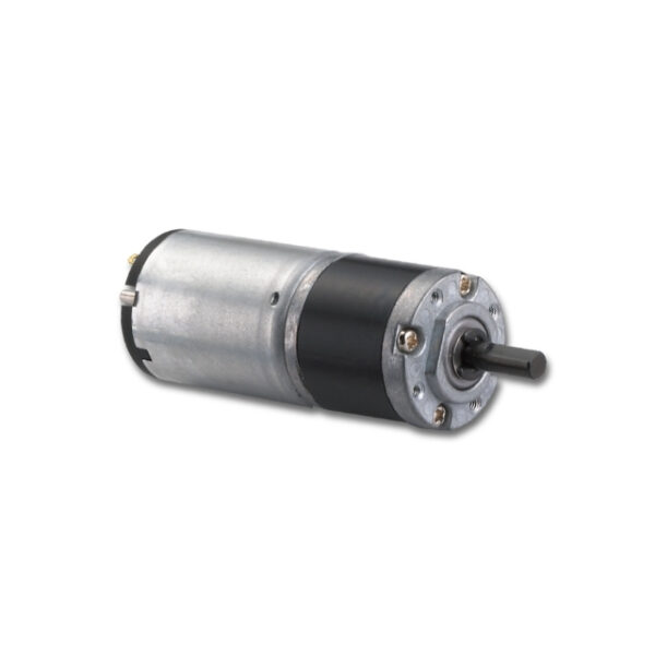 DC electric motor with shaft on white background.