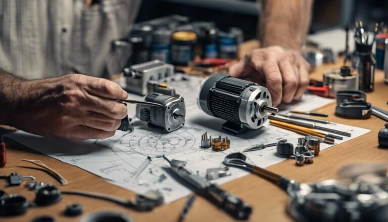 Technician repairing electric motor on workbench.