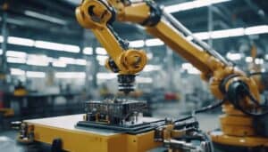 Industrial robot arm assembling electronics in factory.