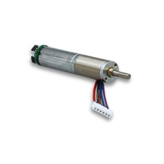 Small electric motor with encoder cable on white background.