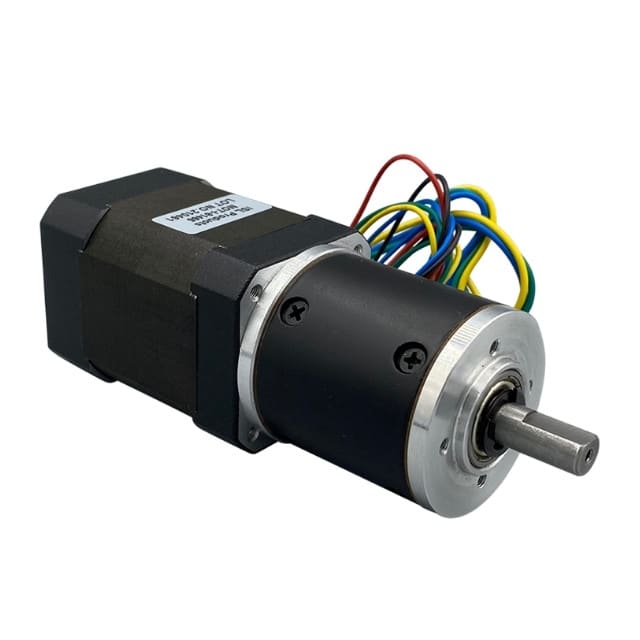 Stepper motor with gearbox on white background.