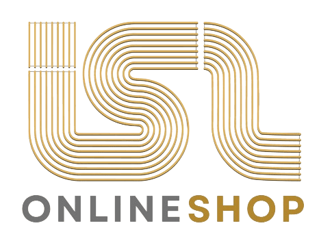 Gold line art "LSL Online Shop" logo.