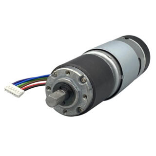 DC gear motor with encoder on white background.