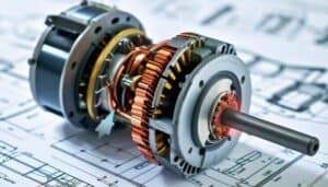 Electric motor components on engineering blueprint