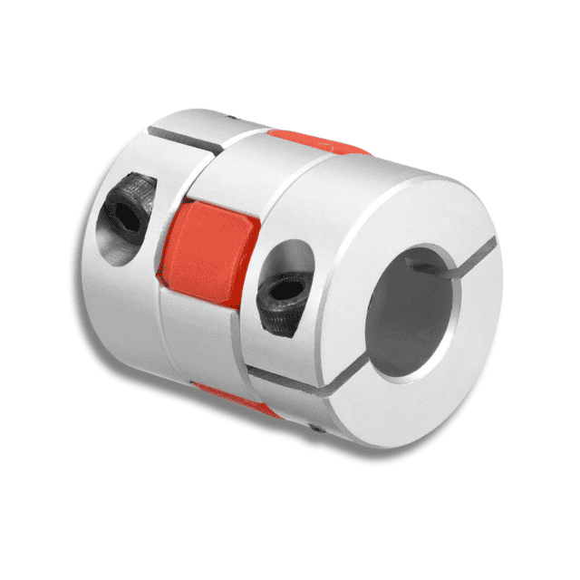 Precision silver and orange metal shaft coupling