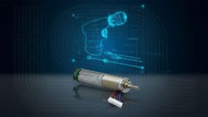 3D rendering of a motor with technical blueprint.