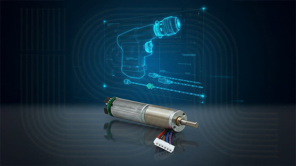 3D rendering of a motor with technical blueprint.
